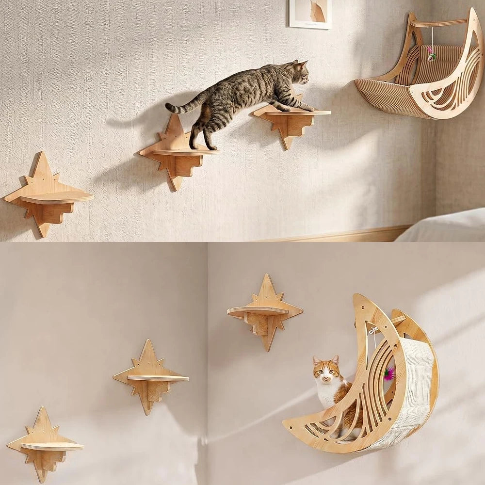Cat resting on wall-mounted wooden cat shelves and perches – photo 6