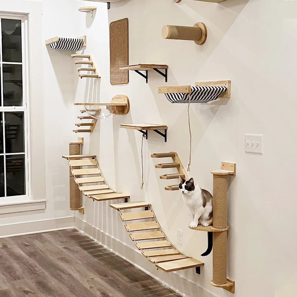 Wooden wall-mounted cat shelves, steps and hammock – photo 5