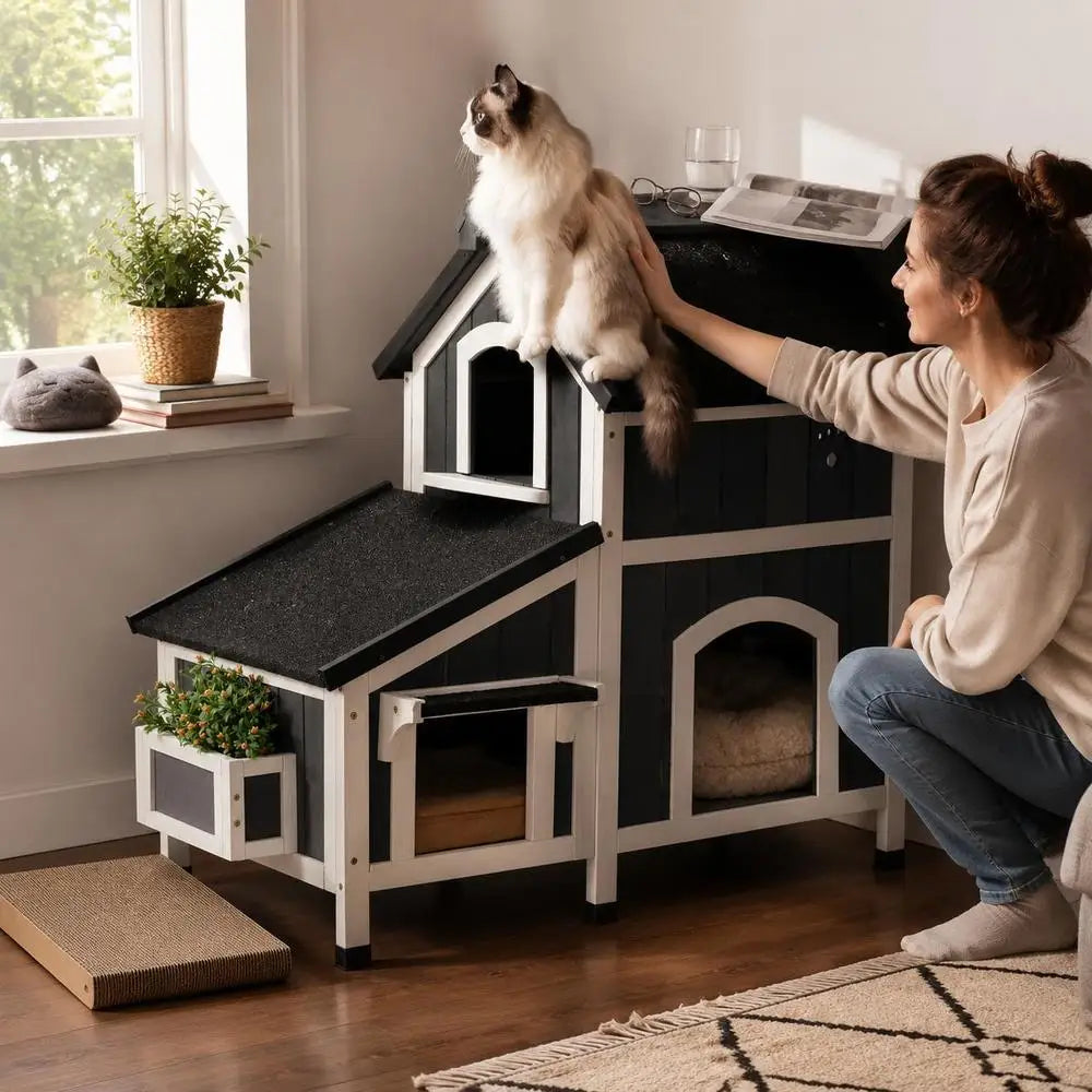 Outdoor Wooden Cat House with Asphalt Roof & Windows