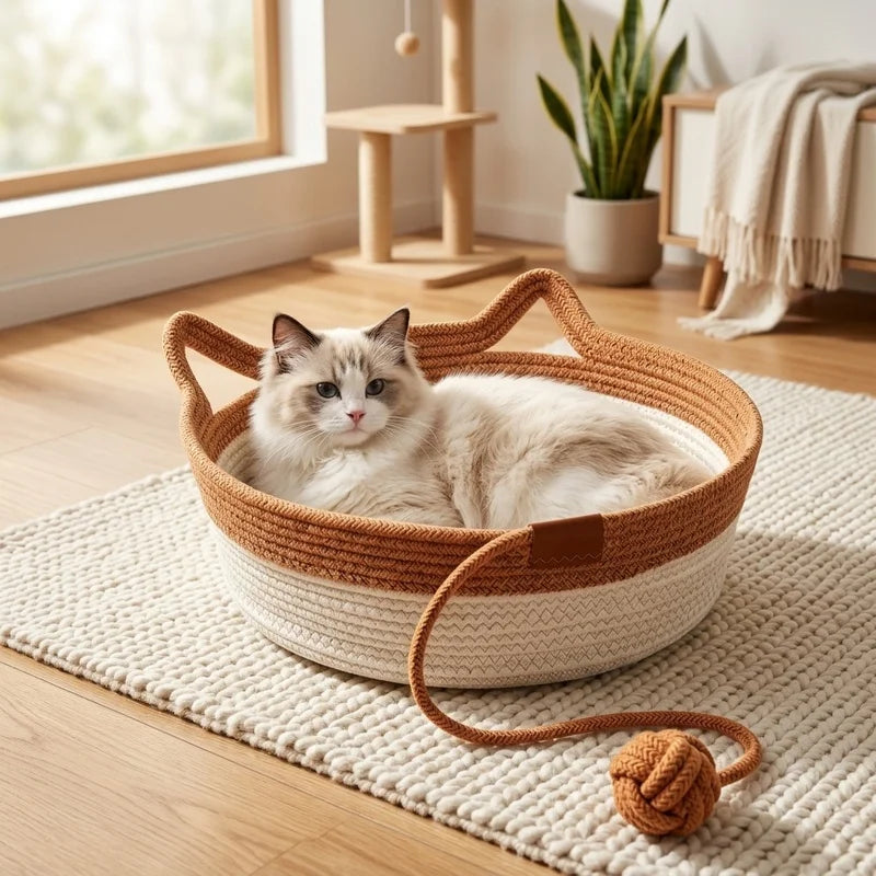 Cat curled up in a handwoven cotton rope basket bed with cat-ear handles