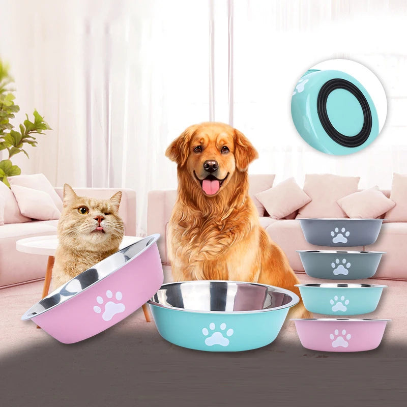 Stainless steel paw print pet bowl with silicone base