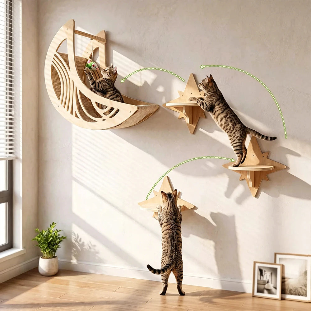 Cat resting on wall-mounted wooden cat shelves and perches – photo 2
