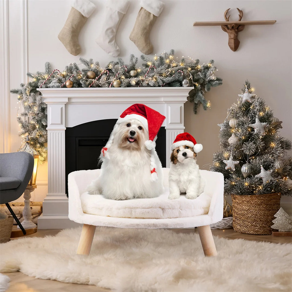 Plush Cat Bed Chair with Wooden Legs, White