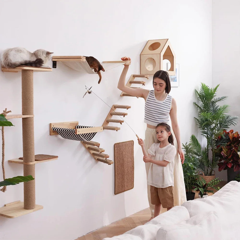 Wooden wall-mounted cat shelves, steps and hammock – photo 3