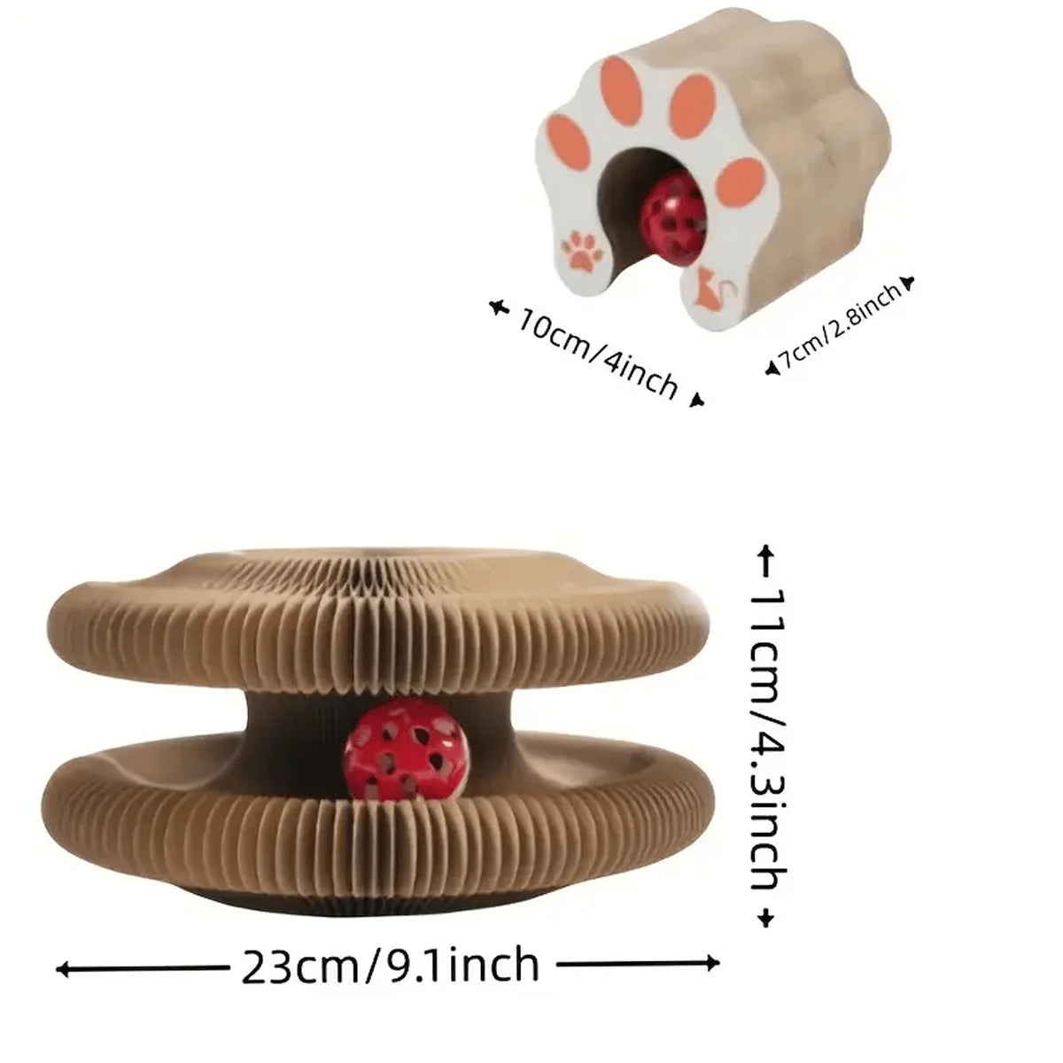 Twisting corrugated cardboard cat scratcher toy with bell ball