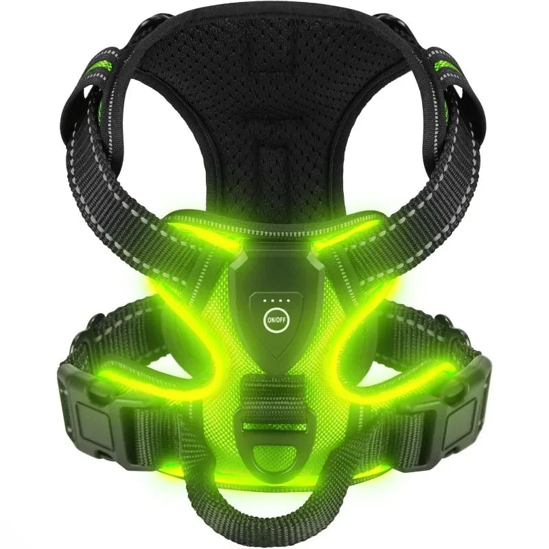 Green light-up LED dog harness glowing