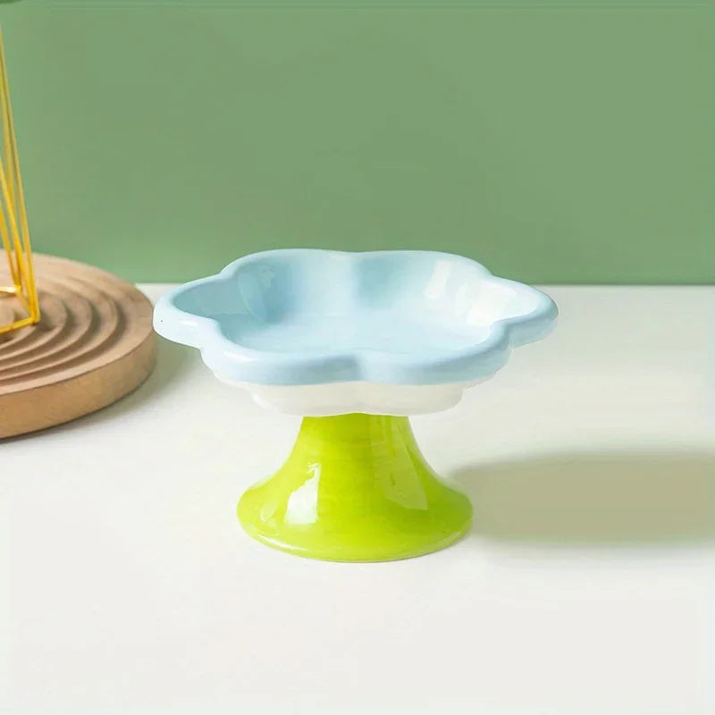 Raised Ceramic Cat Bowl with Flower Design