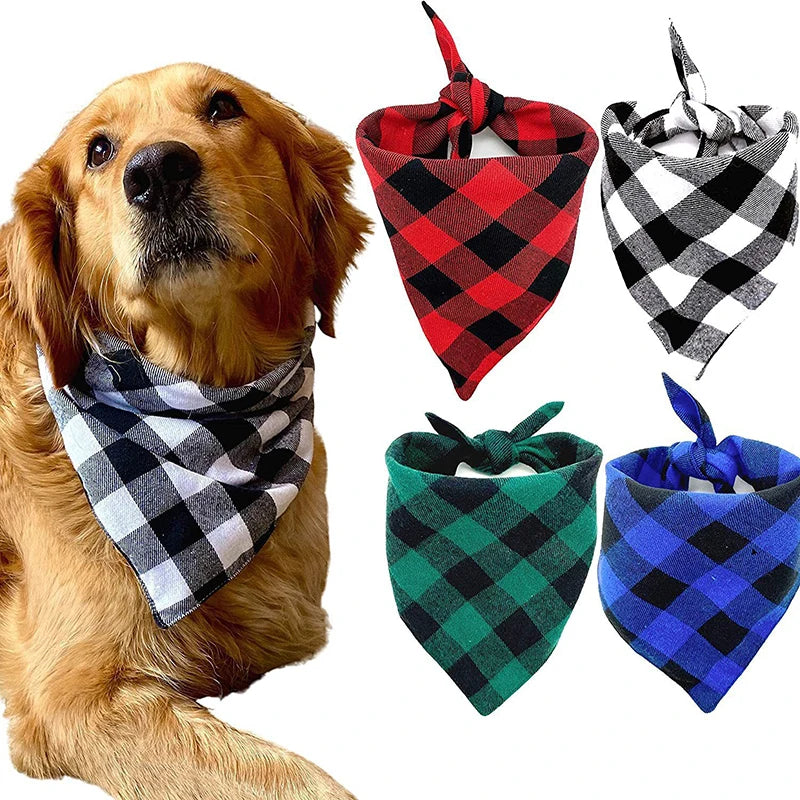 Dog wearing a plaid cotton bandana