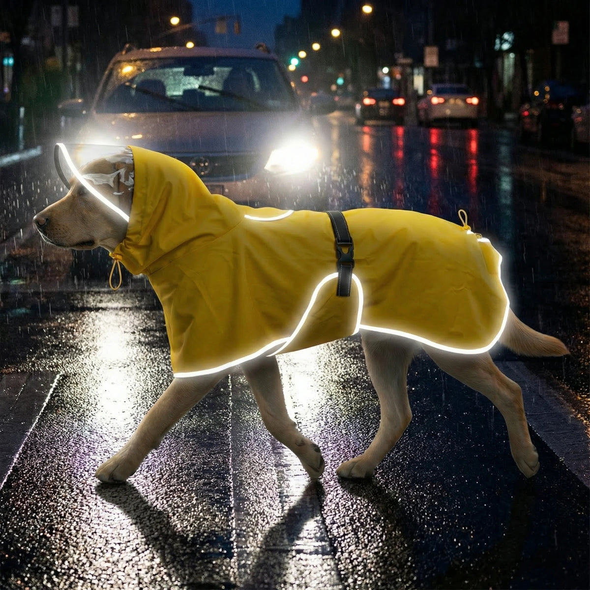 Large dog wearing a hooded waterproof reflective raincoat – photo 5