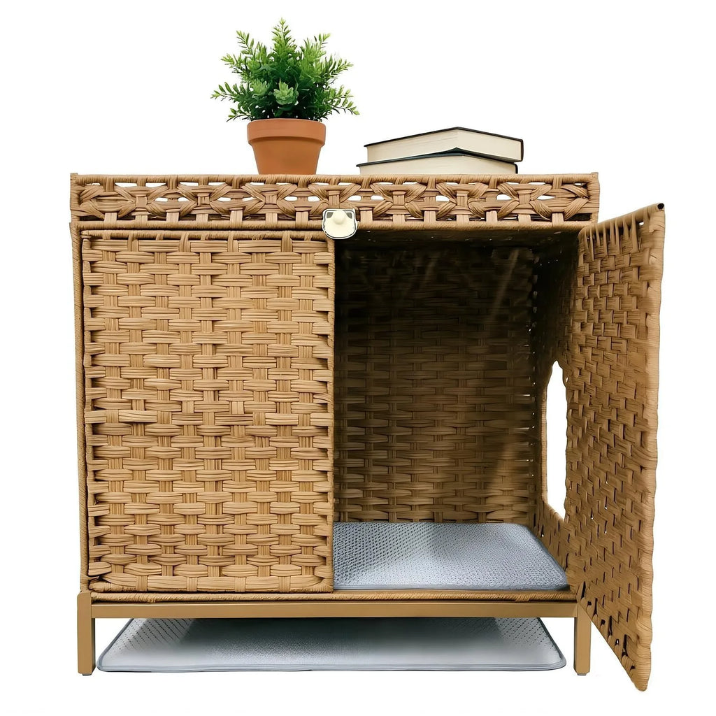 Rattan Litter Box Enclosure with Raised Metal Feet