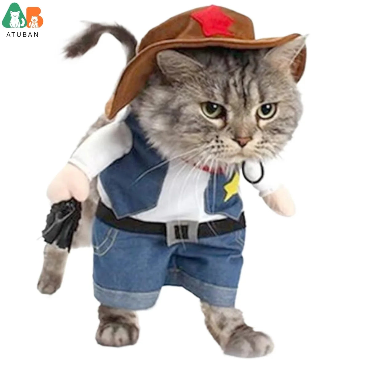 Cat wearing a cowboy Halloween costume with hat and faux arms