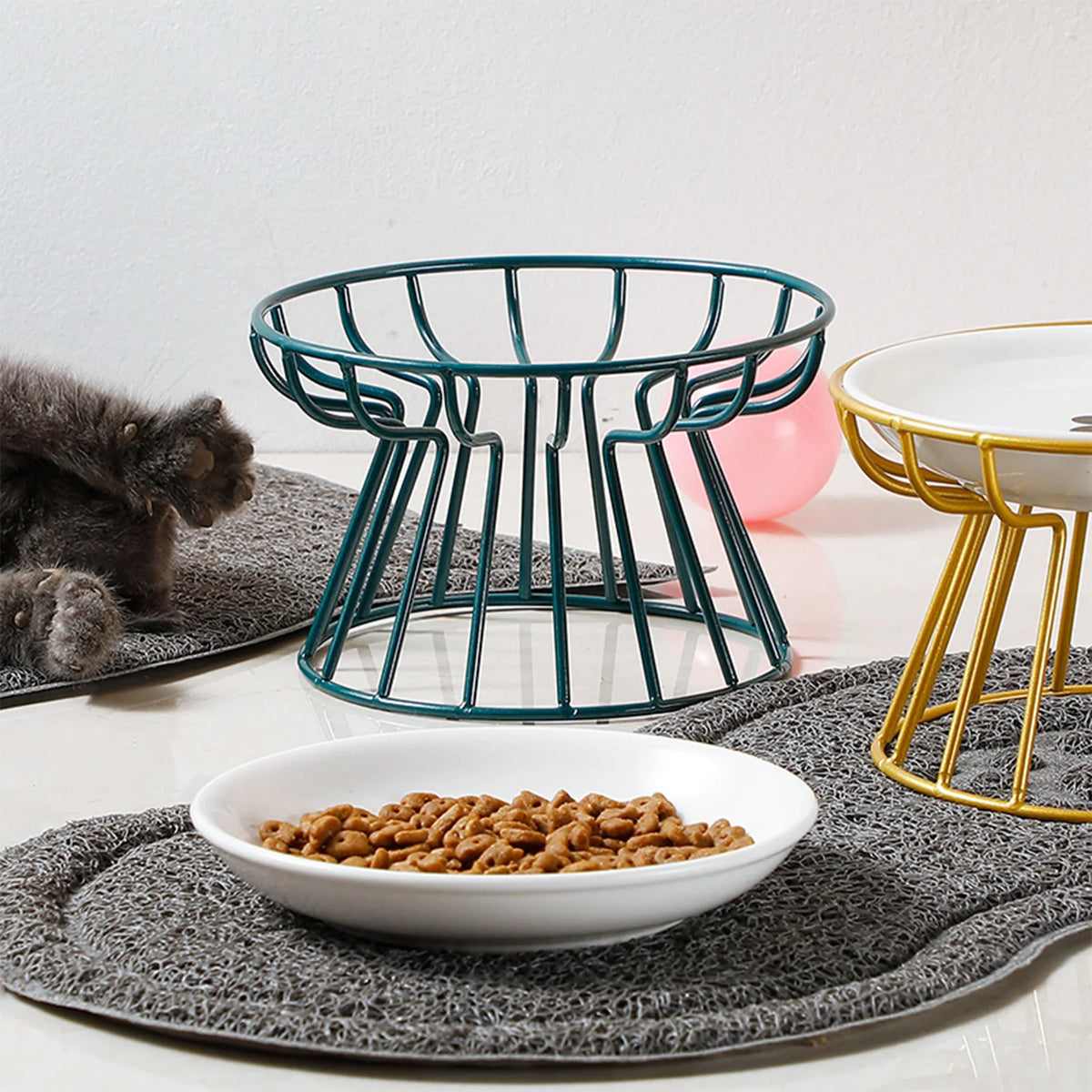 Shallow whisker-friendly ceramic cat bowl on an iron stand – photo 11