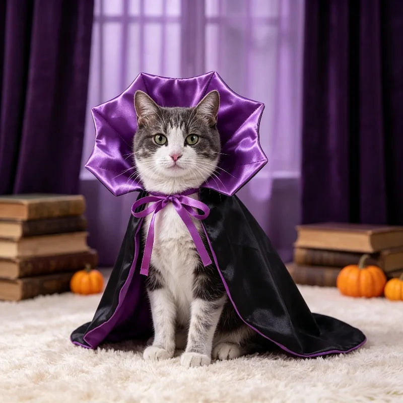 Cat wearing a Halloween pumpkin cape and wizard hat – photo 8