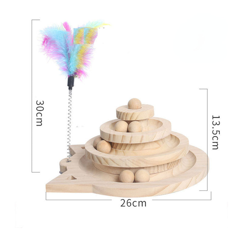 Wooden cat ball track tower toy with feather teaser – photo 7