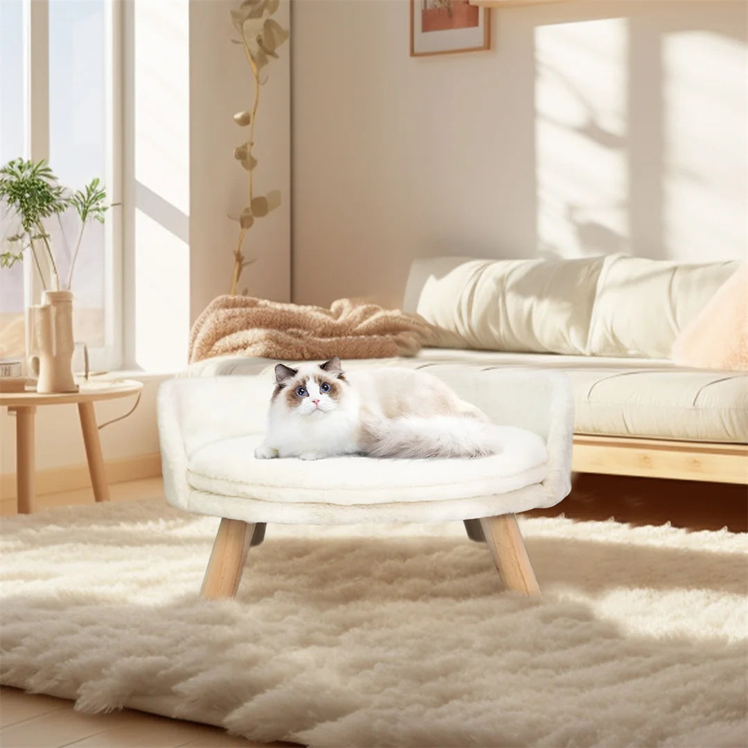 Plush Cat Bed Chair with Wooden Legs, White
