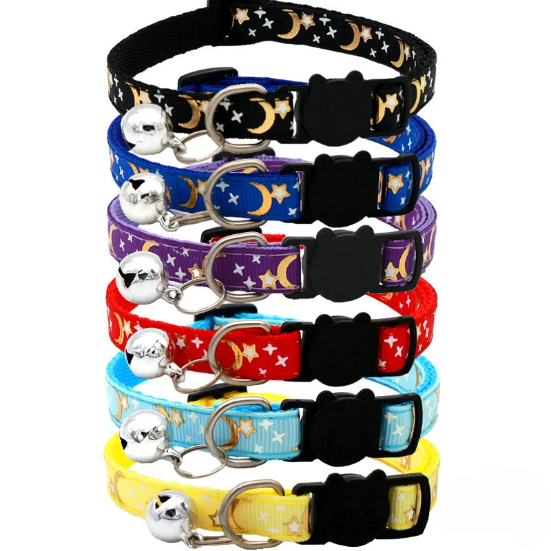 Star and moon pattern cat collar with bell