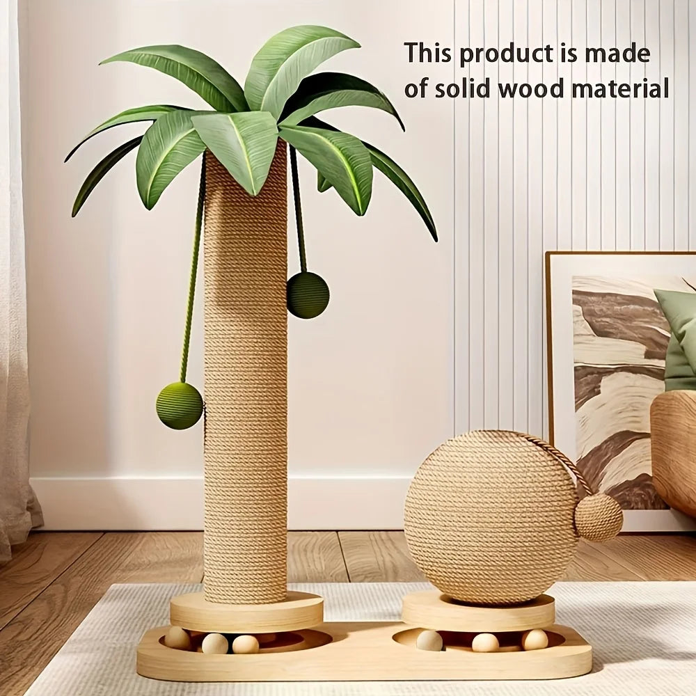 Coconut palm tree cat scratching post with hanging balls – photo 2