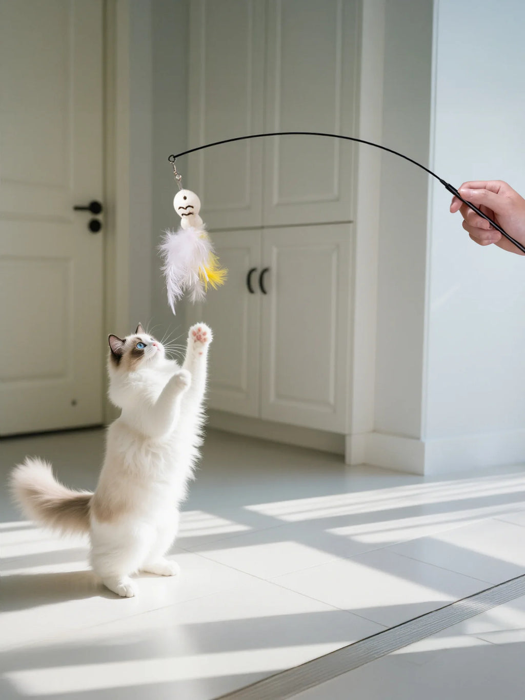 Black steel wire cat teaser pole with feather toy on a floor stand