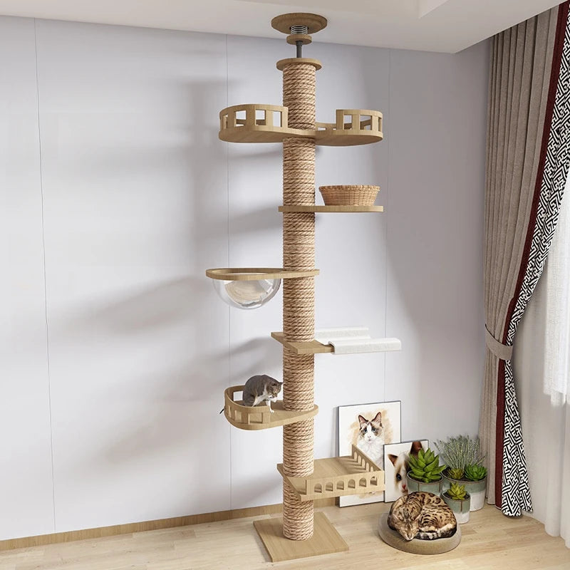 Tall adjustable floor-to-ceiling cat tree with platforms and hammock