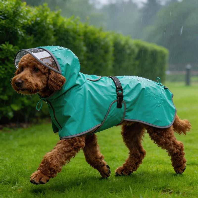 Large dog wearing a hooded waterproof reflective raincoat – photo 4