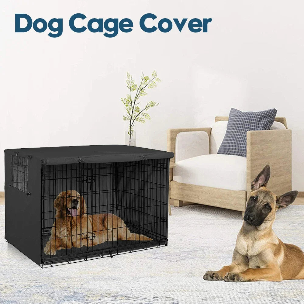 Black dog crate cover with mesh windows over a wire crate – photo 2