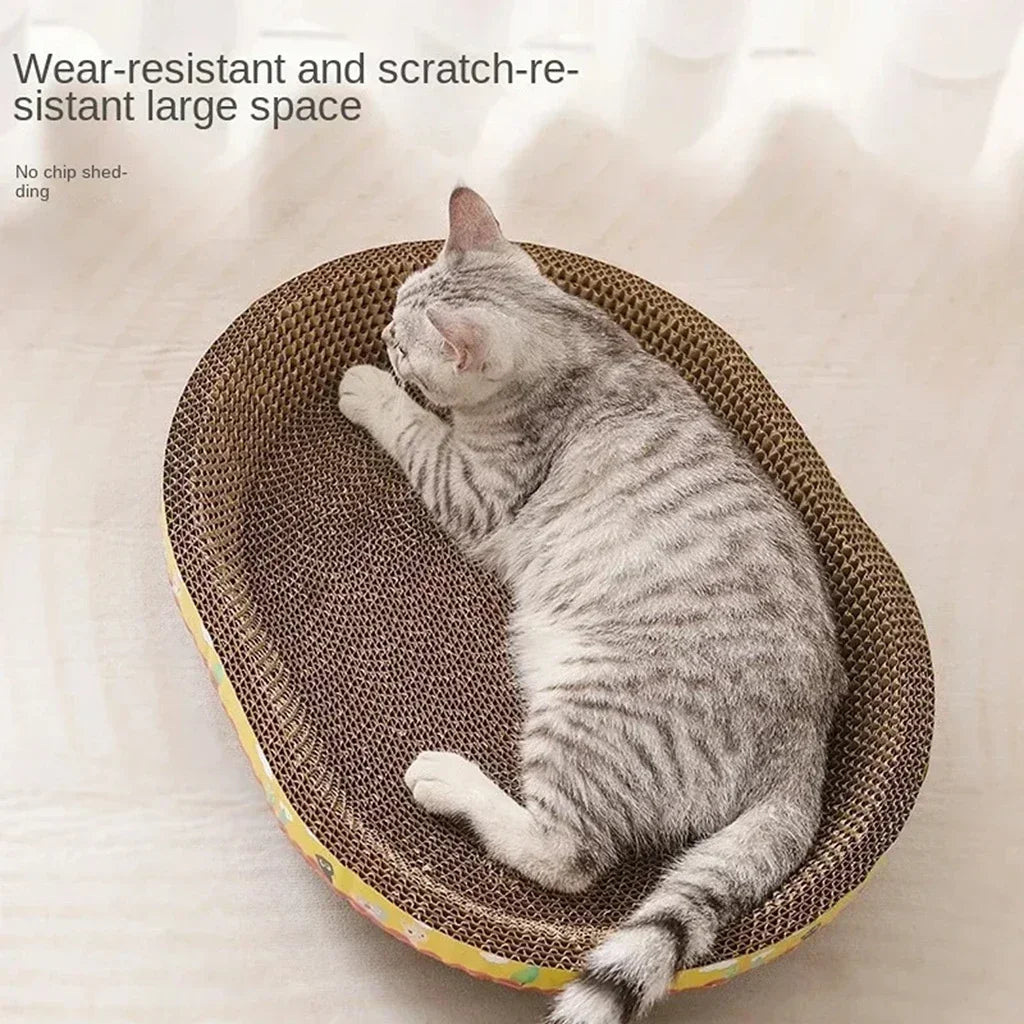 Cat on an oval corrugated cardboard scratcher