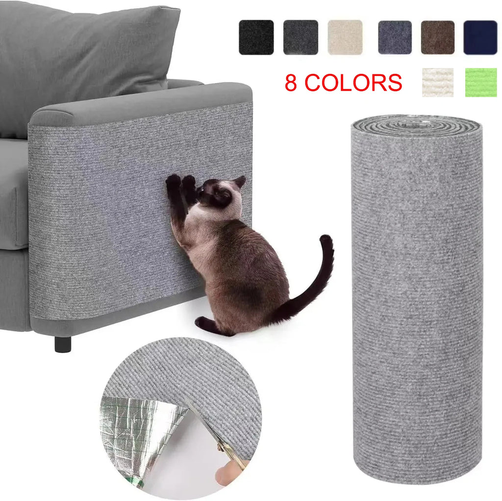 Self-adhesive cat scratching mat on a sofa corner