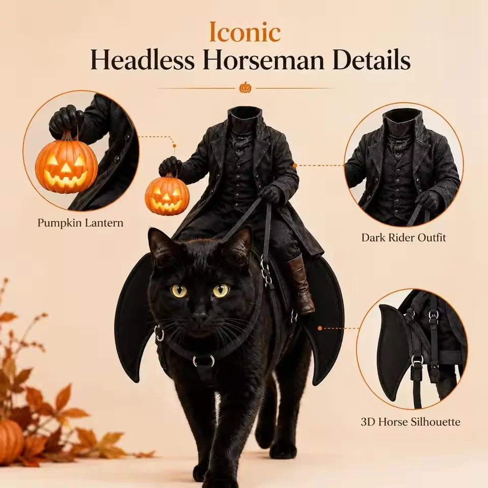 Cat wearing a headless horseman rider costume harness – photo 5