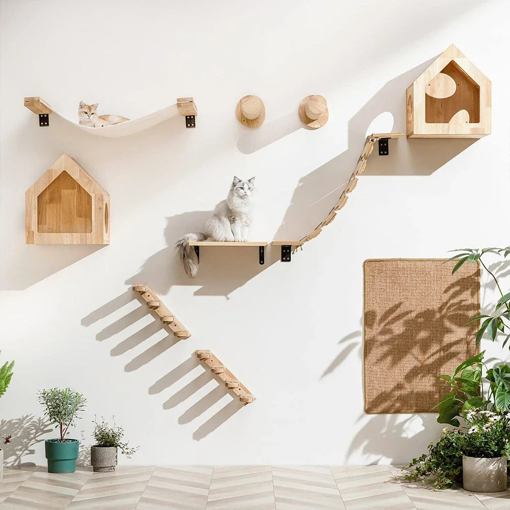 Wooden wall-mounted cat shelves, steps and hammock