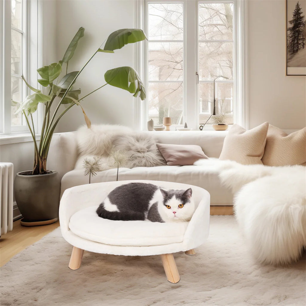 Plush Cat Bed Chair with Wooden Legs, White