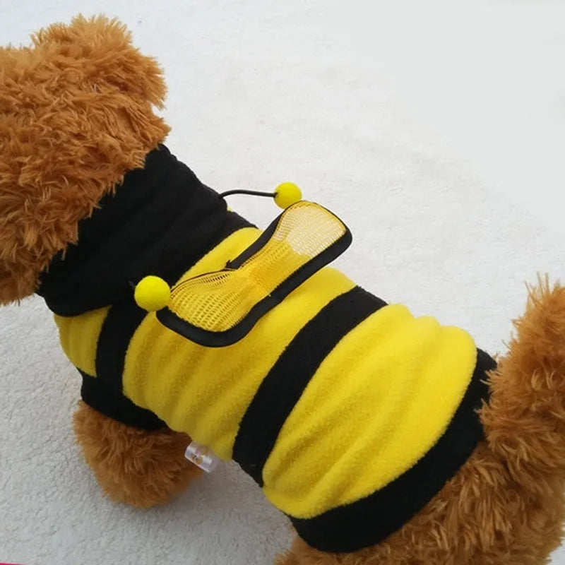 Dog wearing a yellow fleece bumblebee hoodie costume – photo 4