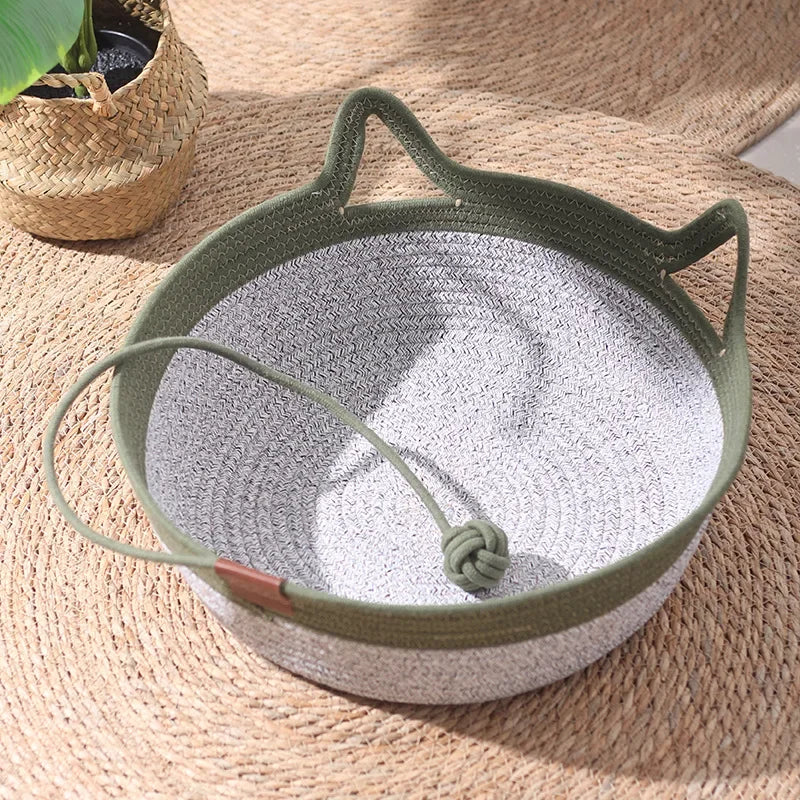 Handwoven cotton rope cat basket bed with cat-ear handles and hanging ball toy