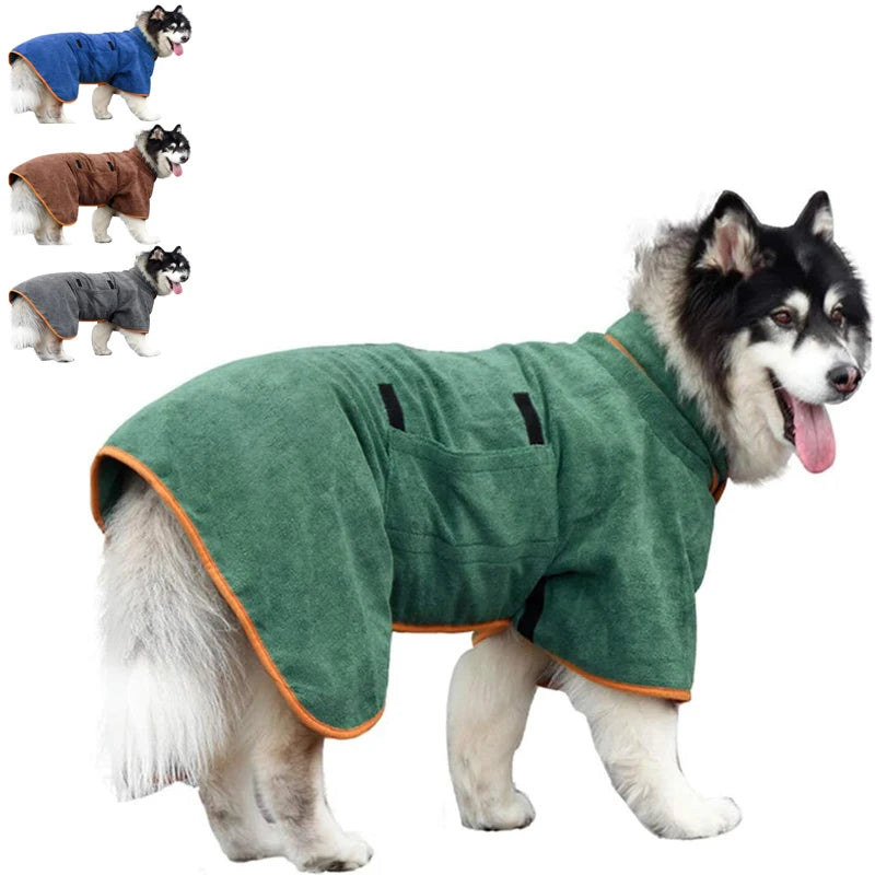 Dog wearing a microfibre bathrobe drying coat