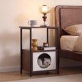 Two-tier wood-effect side table with a cat house and round entrance in the lower tier