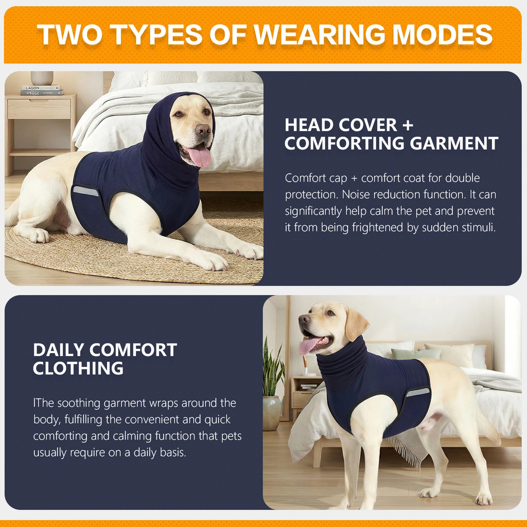 Dog calming vest with optional hood