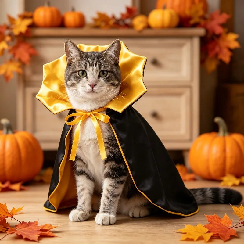 Cat wearing a Halloween pumpkin cape and wizard hat