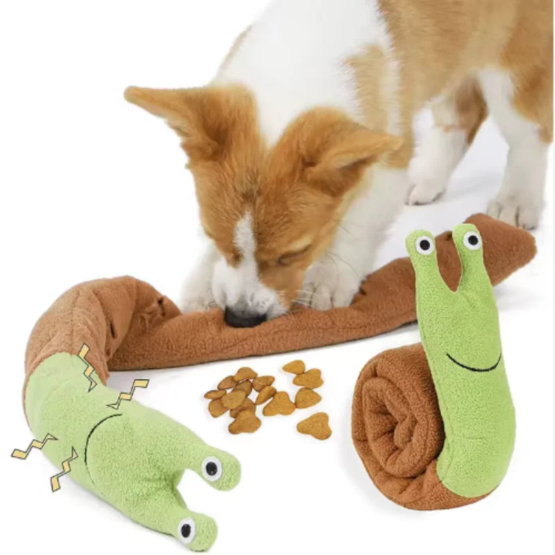 Plush snail-shaped snuffle mat for hiding pet treats
