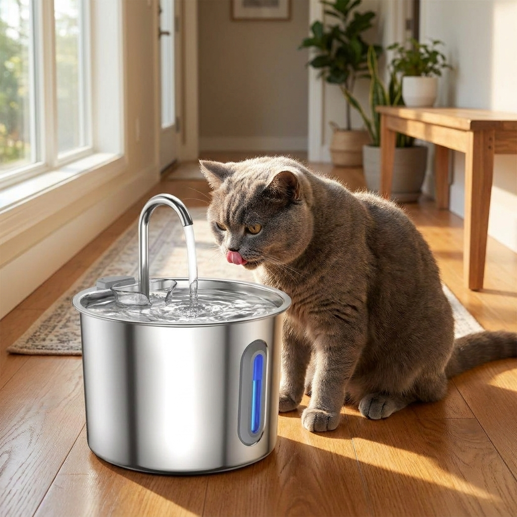 Grey cat drinking from a stainless steel cat water fountain at home