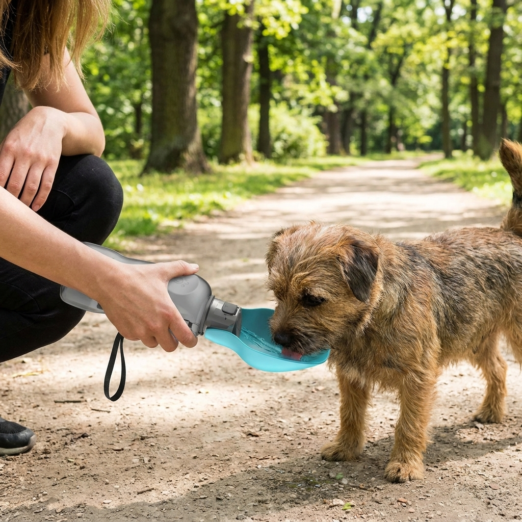 Terrier drinking from a portable dog water bottle on a walk in the park