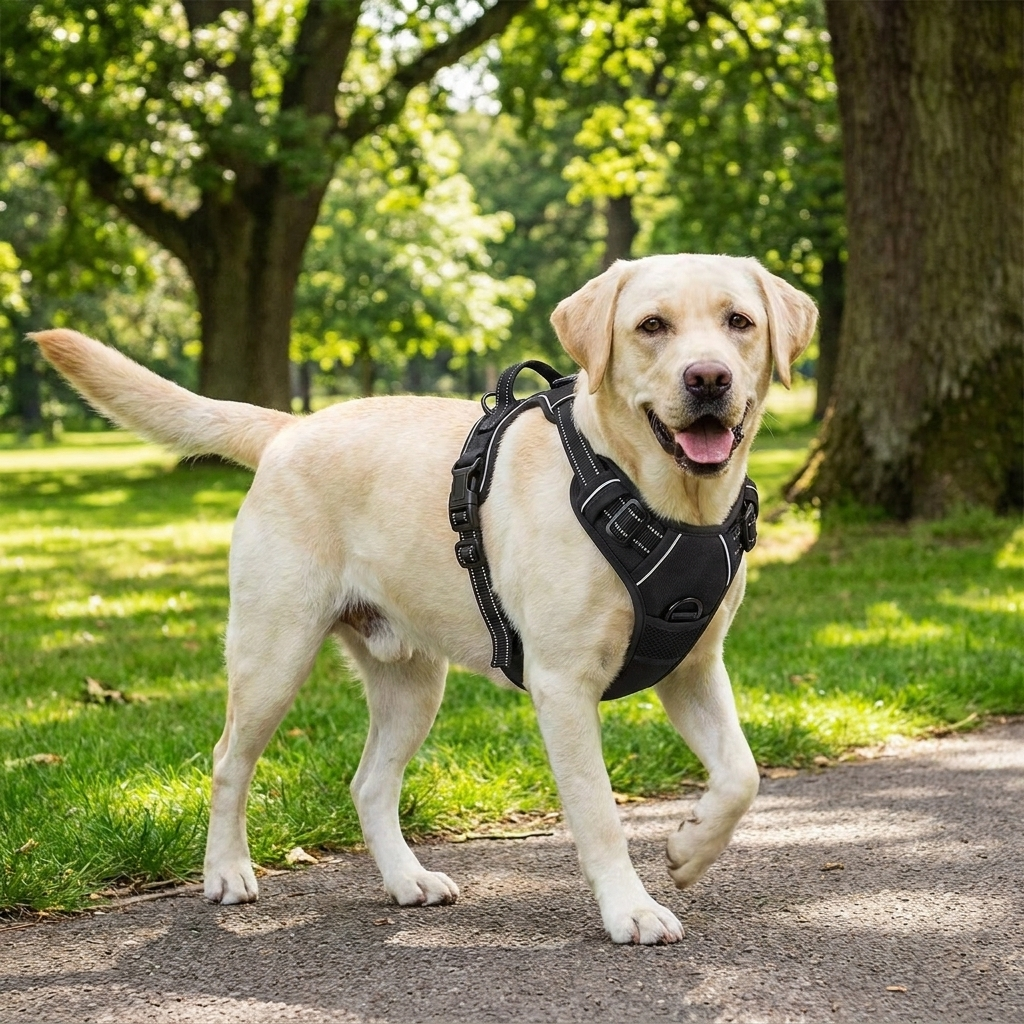 Labrador wearing a reflective dog harness with front clip and handle on a walk in the park