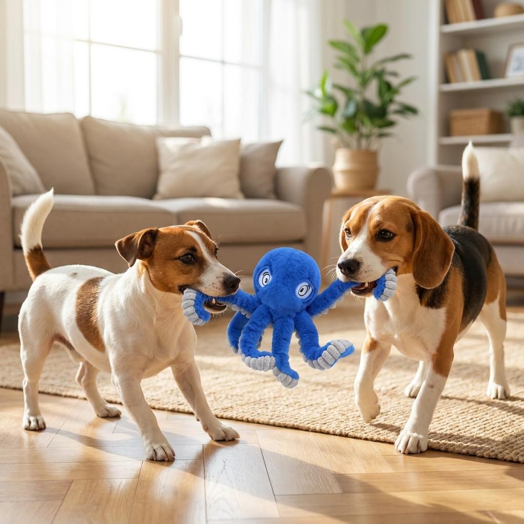 Two small dogs playing tug with a plush octopus squeaky dog toy at home