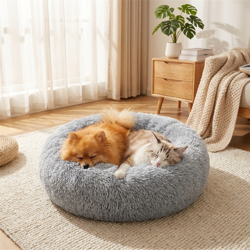 Small dog and cat snuggled together in a plush donut pet bed