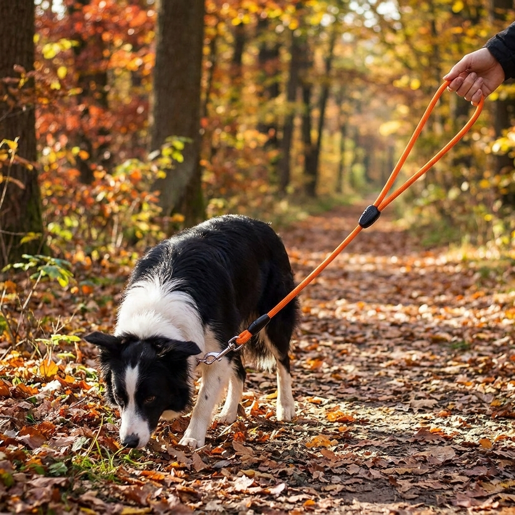 Border collie on a long recall training lead in autumn woods
