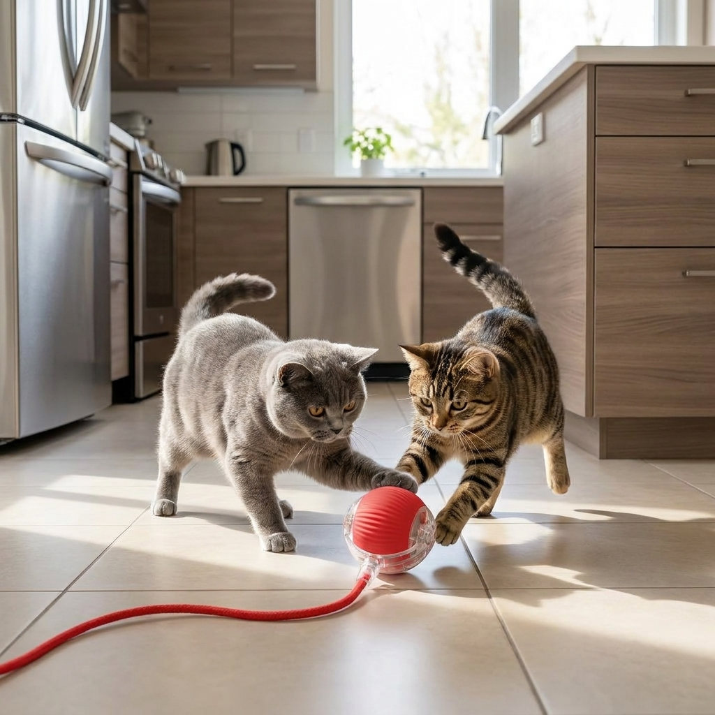 Two cats chasing an automatic rolling ball toy on a kitchen floor