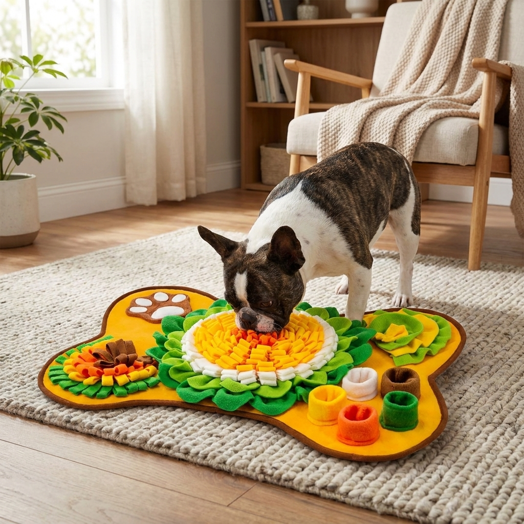 French bulldog sniffing for treats in a snuffle mat at home