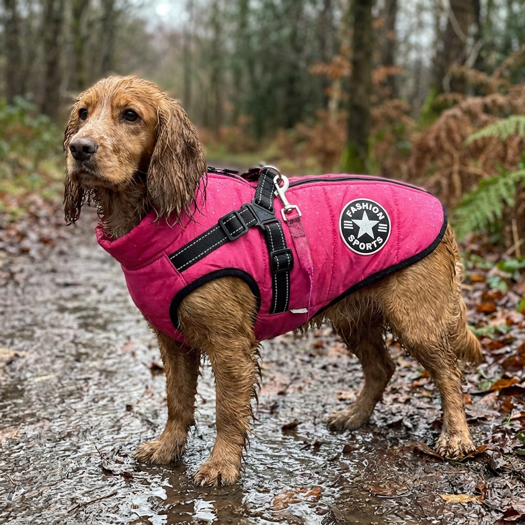 Cocker spaniel wearing a waterproof dog coat with built-in harness on a wet woodland walk