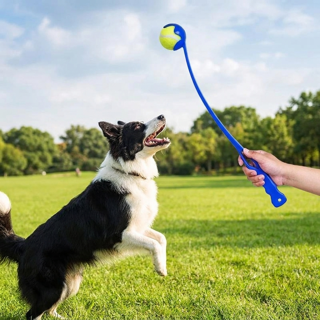 Owner using a tennis ball launcher stick for a border collie in the park