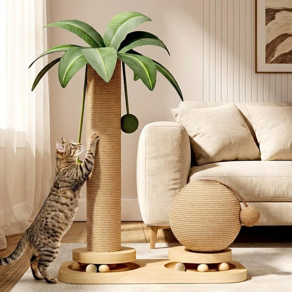 Cat stretching on a coconut palm tree cat scratching post