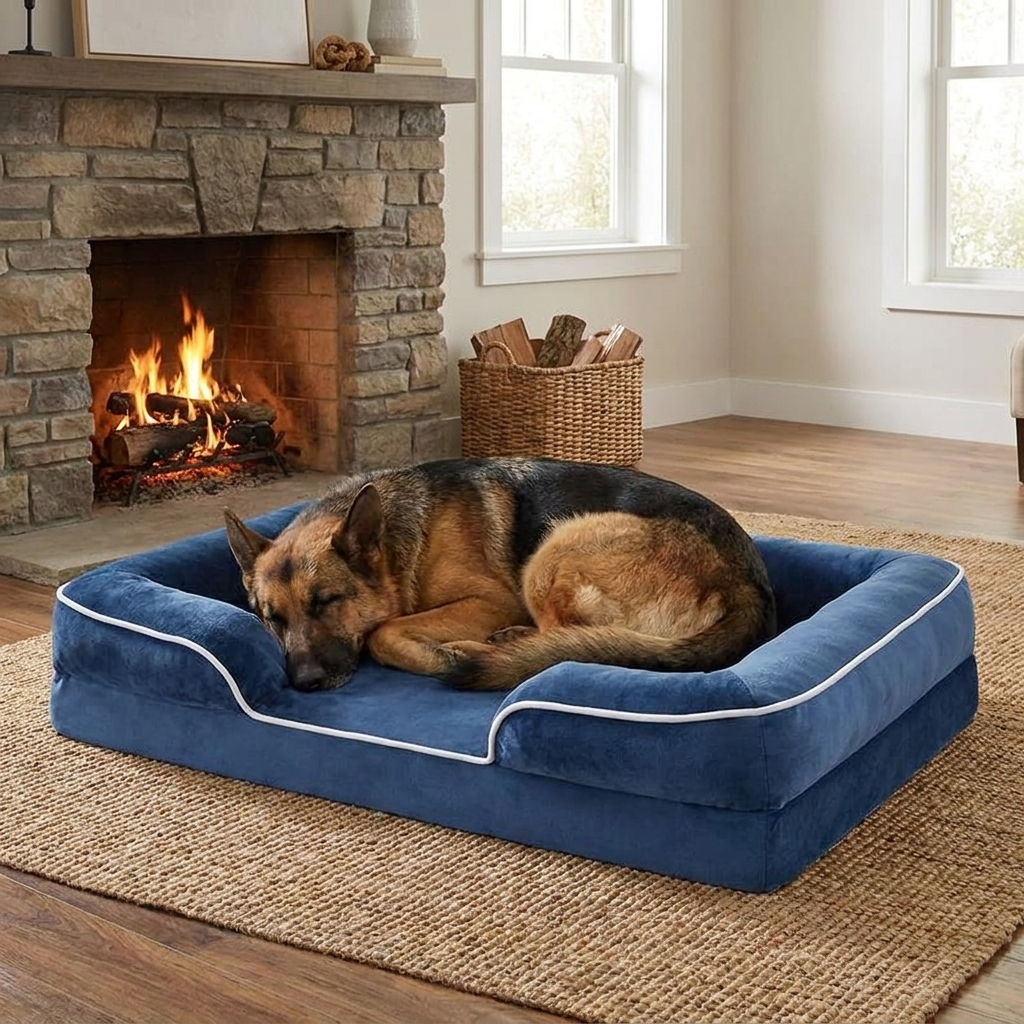German shepherd asleep on a large dog sofa bed by the fireplace