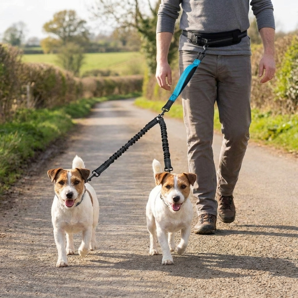 Two small terriers walking on a hands-free double dog lead on a countryside lane